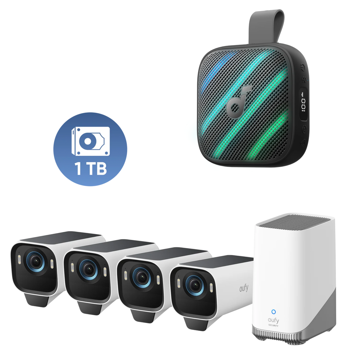 Anker eufyCam S3 Pro 4‑Kamera‑Set mit 1TB Festplatte und soundcore Boom Go 3i
