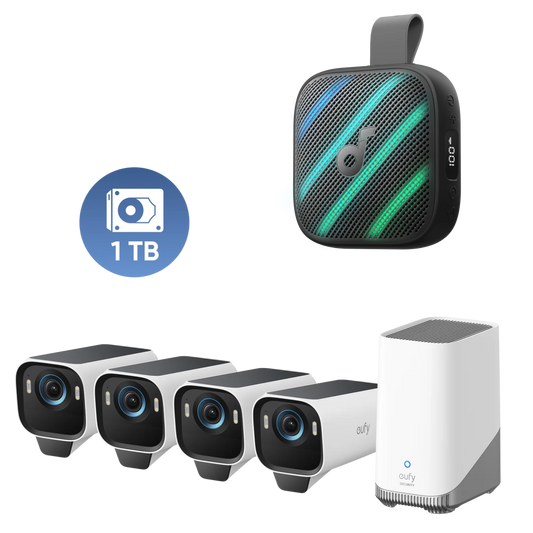 Anker eufyCam S3 Pro 4‑Kamera‑Set mit 1TB Festplatte und soundcore Boom Go 3i