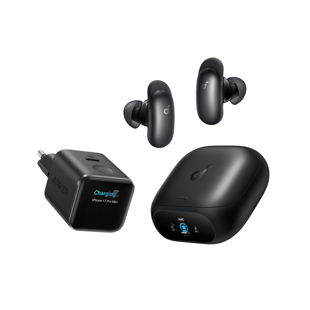 Anker Nano Ladegerät (45W, Smart Display) + Liberty 5 Pro | Guinness-Rekord für klare Telefonate, 360° ANC 4.0, Dolby Atmos