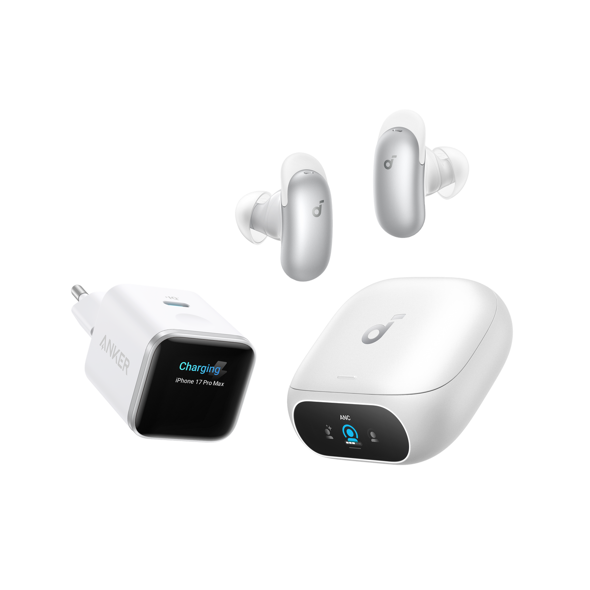 Anker Nano Ladegerät (45W, Smart Display) + Liberty 5 Pro | Guinness-Rekord für klare Telefonate, 360° ANC 4.0, Dolby Atmos