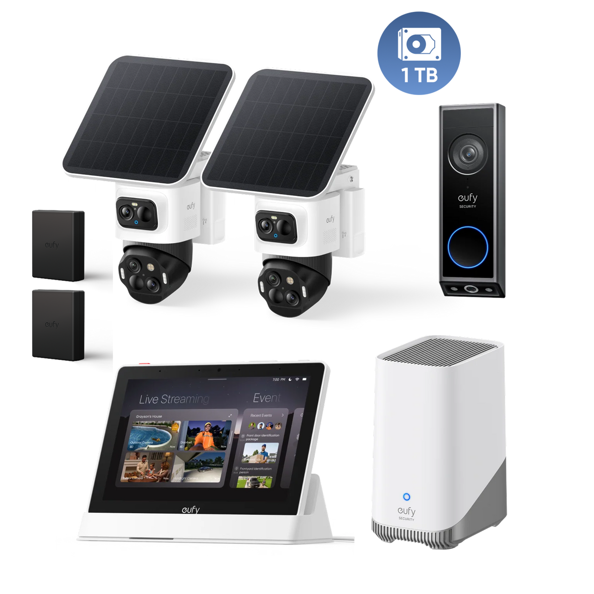 eufyCam S4 Kamera-Set und HomeBase™ 3, Türklingel E340 mit Smart Display mit Ersatzakku mit 1 TB Festplatte