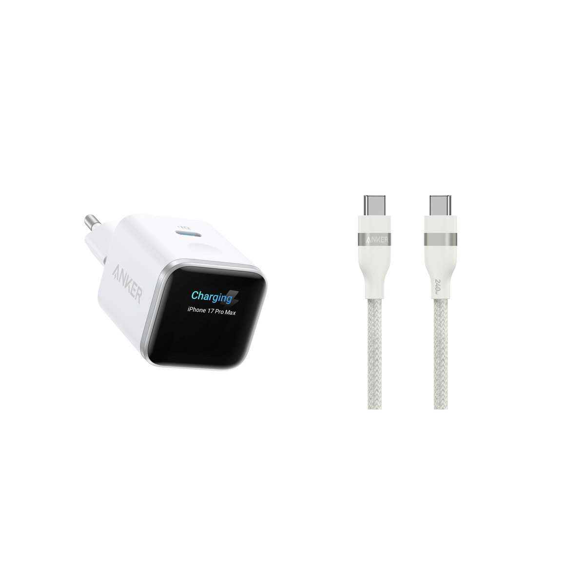 Anker Nano Ladegerät (45W, Smart Display) + Anker USB-C auf USB-C Kabel (90cm/180cm, 240W, Upcycled-Flechtdesign)