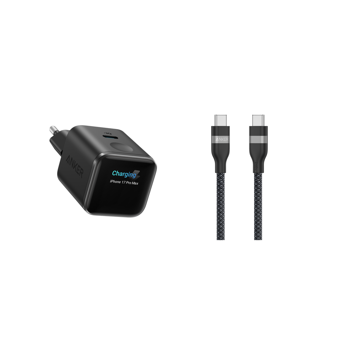 Anker Nano Ladegerät (45W, Smart Display) + Anker USB-C auf USB-C Kabel (90cm/180cm, 240W, Upcycled-Flechtdesign)