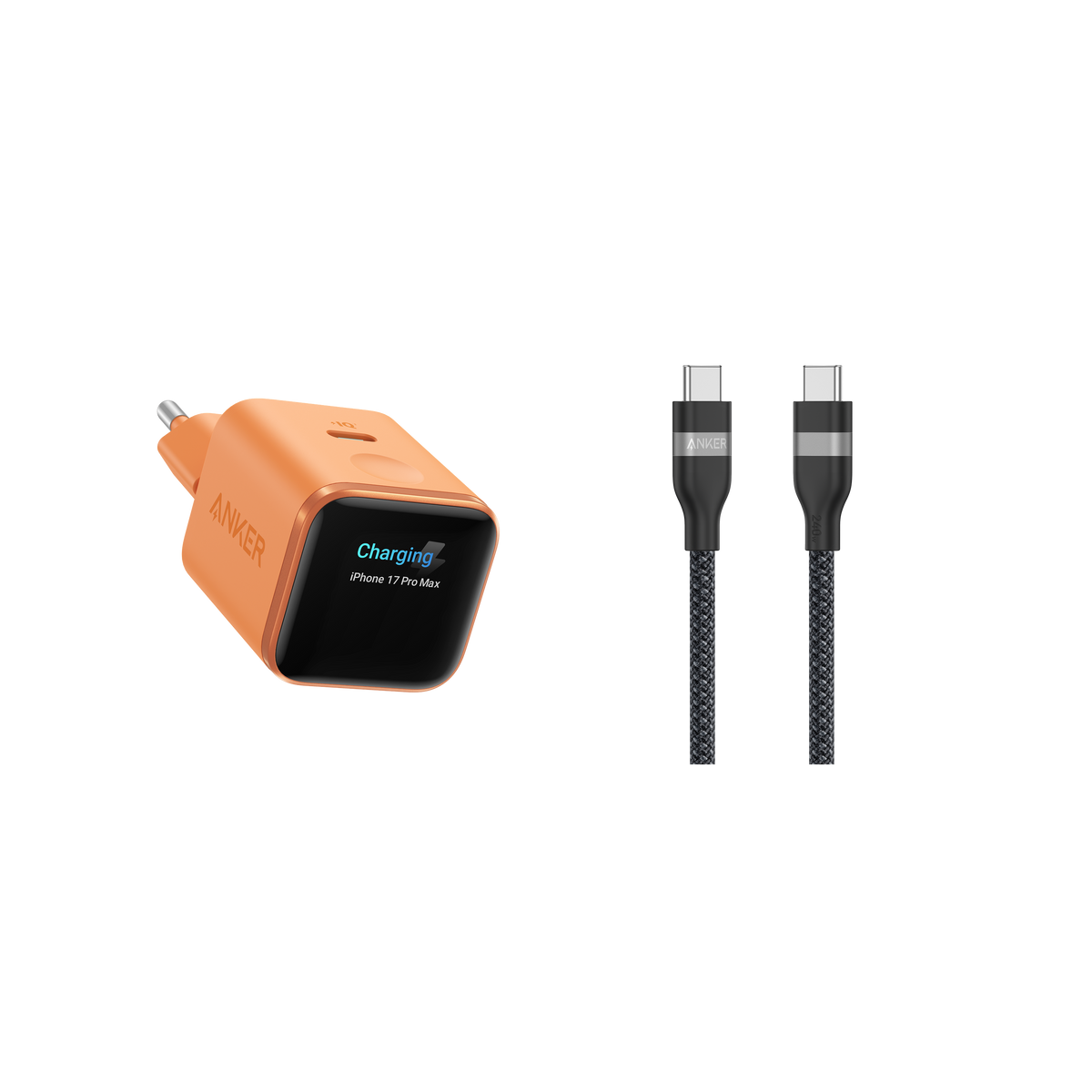 Anker Nano Ladegerät (45W, Smart Display) + Anker USB-C auf USB-C Kabel (90cm/180cm, 240W, Upcycled-Flechtdesign)