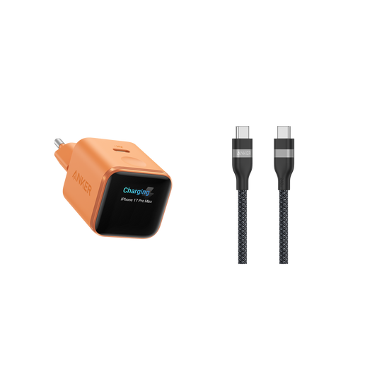 Anker Nano Ladegerät (45W, Smart Display) + Anker USB-C auf USB-C Kabel (90cm/180cm, 240W, Upcycled-Flechtdesign)