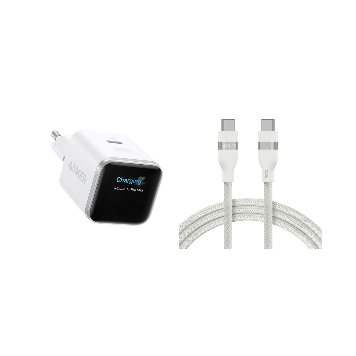 Anker Nano Ladegerät (45W, Smart Display) + Anker USB-C auf USB-C Kabel (90cm/180cm, 240W, Upcycled-Flechtdesign)