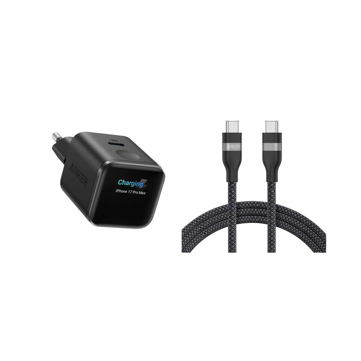 Anker Nano Ladegerät (45W, Smart Display) + Anker USB-C auf USB-C Kabel (90cm/180cm, 240W, Upcycled-Flechtdesign)