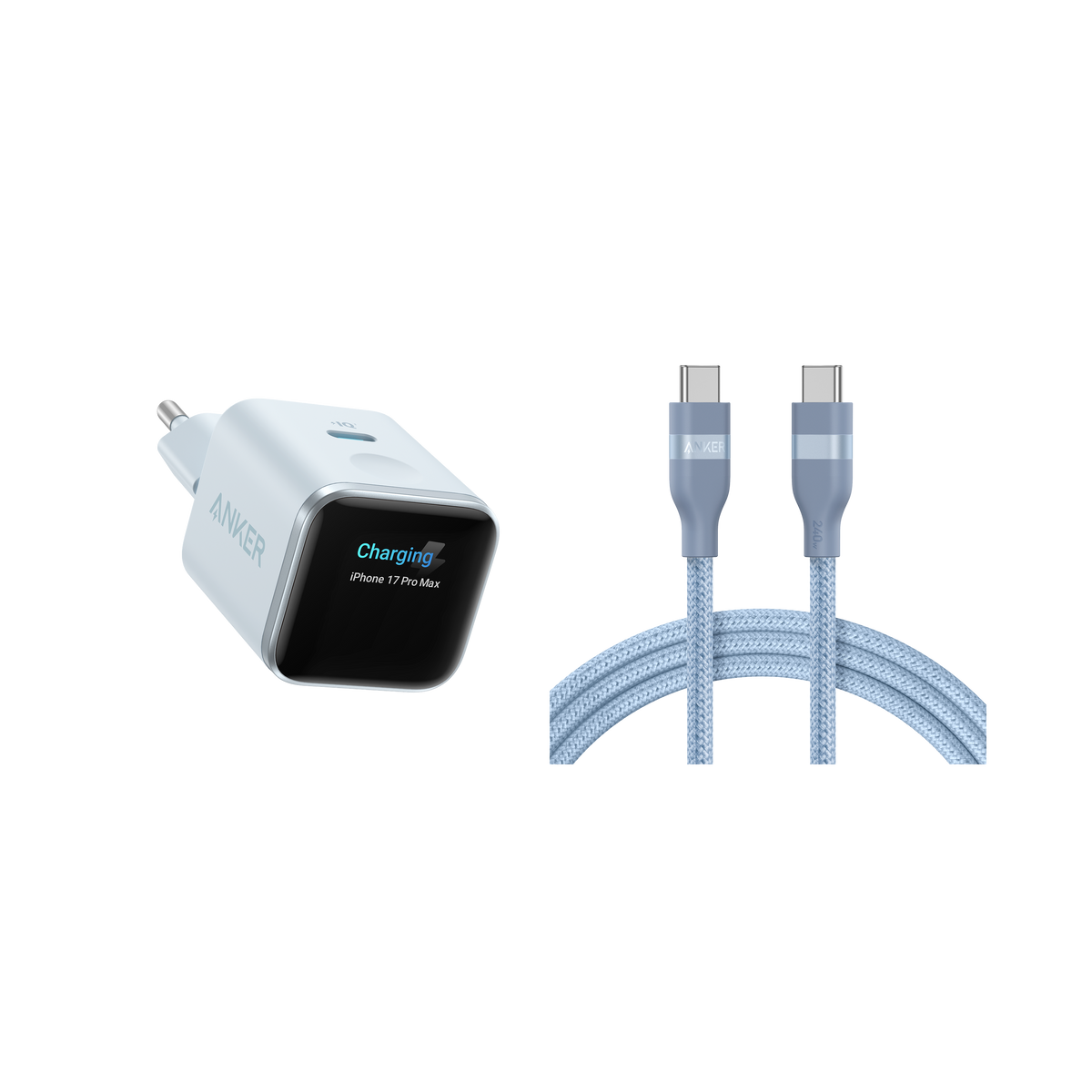 Anker Nano Ladegerät (45W, Smart Display) + Anker USB-C auf USB-C Kabel (90cm/180cm, 240W, Upcycled-Flechtdesign)