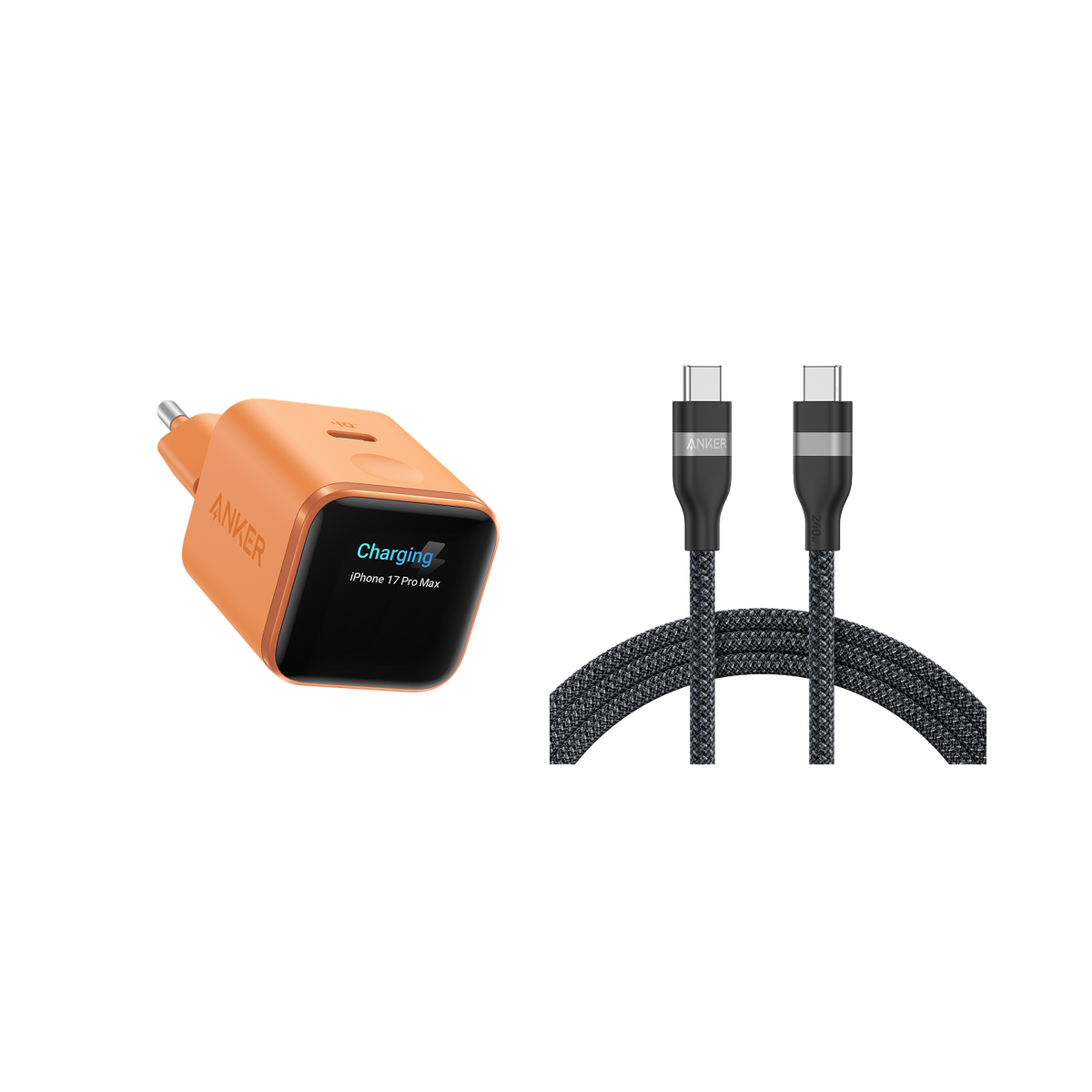Anker Nano Ladegerät (45W, Smart Display) + Anker USB-C auf USB-C Kabel (90cm/180cm, 240W, Upcycled-Flechtdesign)