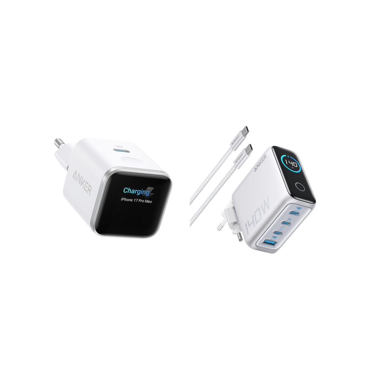 Anker Nano Ladegerät (45W, Smart Display)+Anker Ladegerät (140W, 4-Port, PD 3.1) mit USB-C Kabel