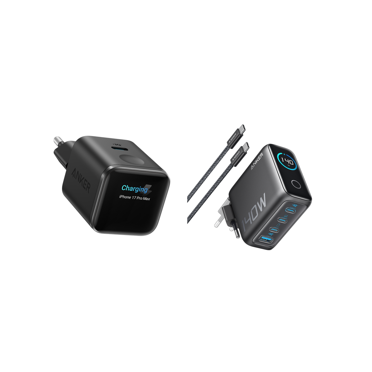 Anker Nano Ladegerät (45W, Smart Display)+Anker Ladegerät (140W, 4-Port, PD 3.1) mit USB-C Kabel