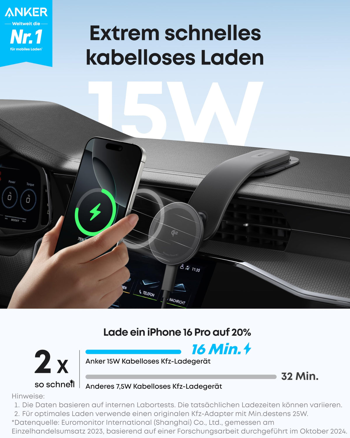 Anker Nano Kabelloses Kfz-Ladegerät (Magnetisch, abnehmbares Ladepad)