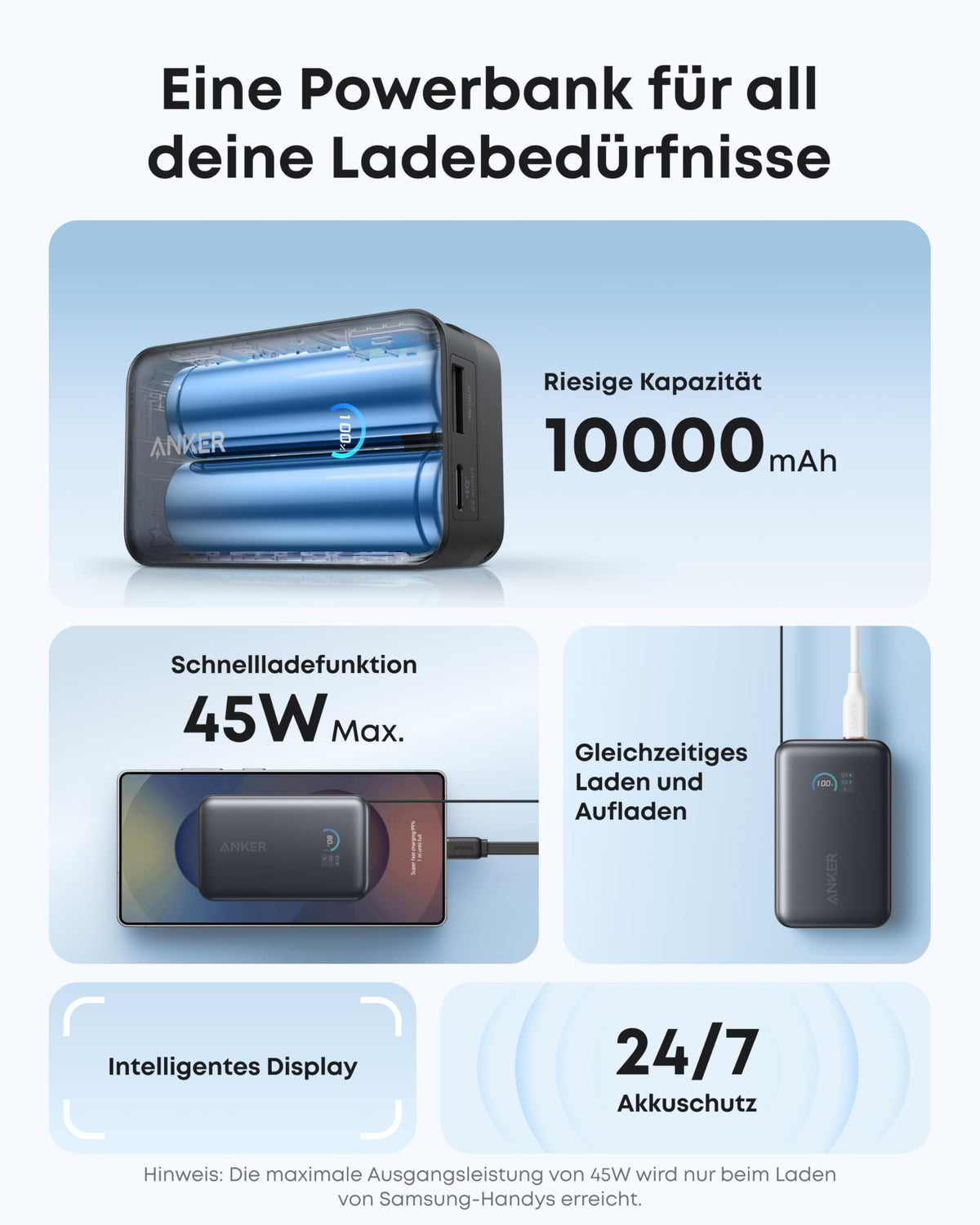 Anker Nano Powerbank (10K, 45W, Integriertes einziehbares USB-C Kabel)