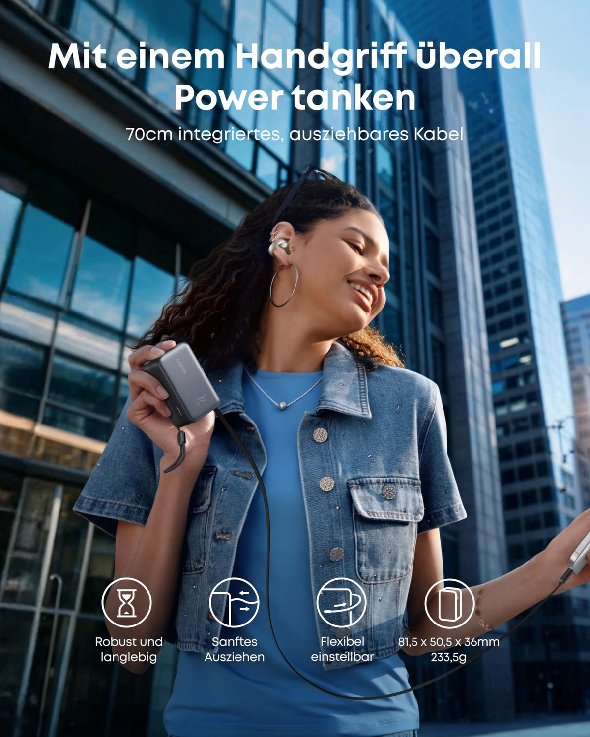 Anker Nano Powerbank (10K, 45W, Integriertes einziehbares USB-C Kabel)