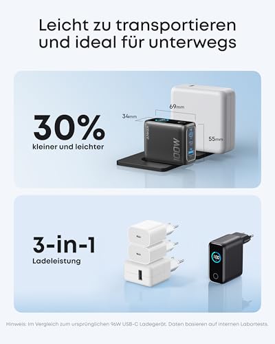 Anker Ladegerät (100W, 3 Ports, Smart Display) mit USB-C Kabel