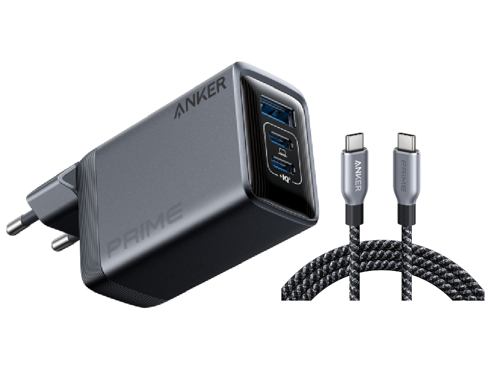 Anker Prime Ladegerät (100W, 3 Ports, GaN) + Anker Prime USB-C auf USB-C Kabel (240W, Upcycled-Flechtdesign)