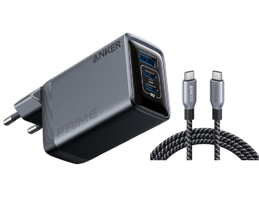 Anker Prime Ladegerät (100W, 3 Ports, GaN) + Anker Prime USB-C auf USB-C Kabel (240W, Upcycled-Flechtdesign)