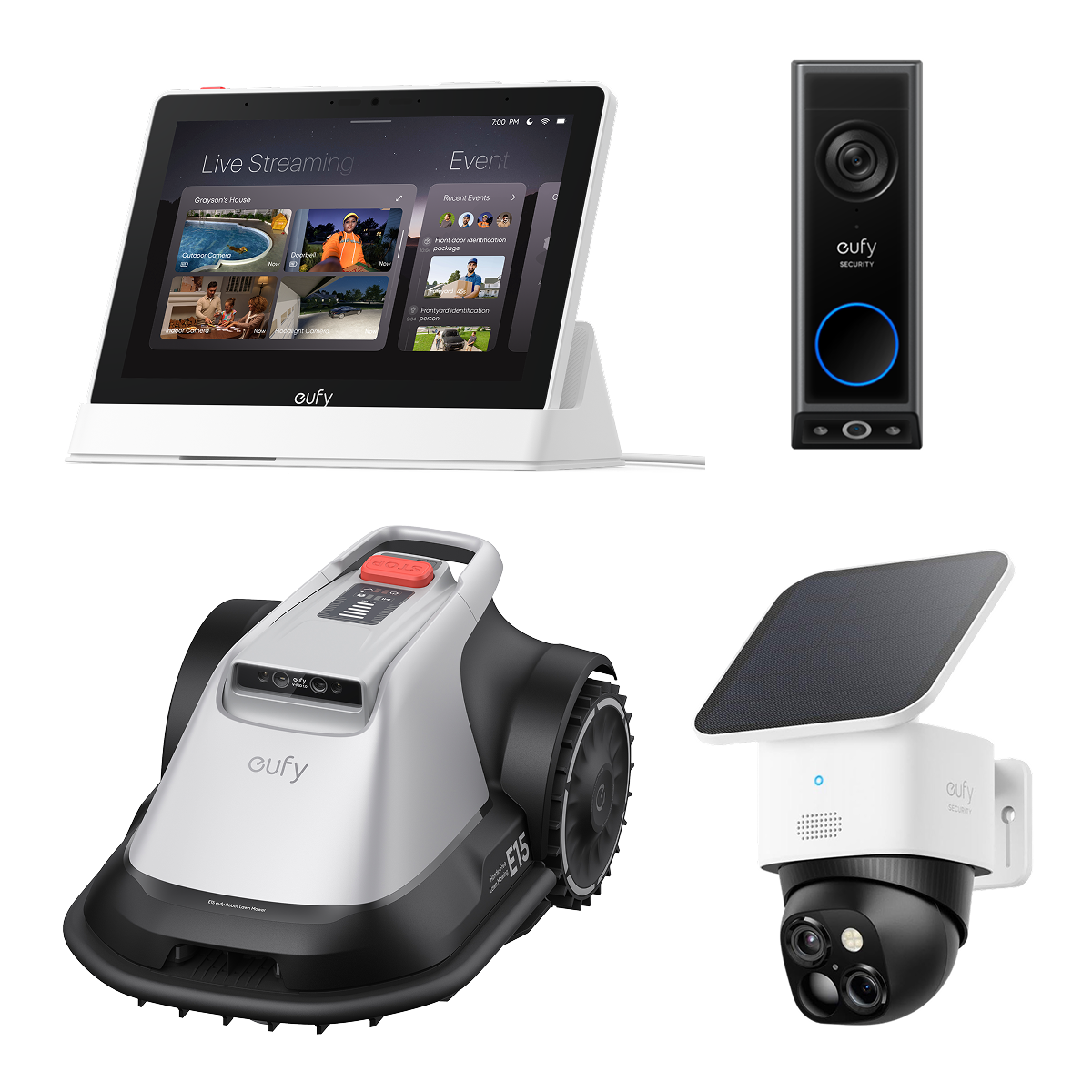 Anker eufy Smart Display und eufyCam Solo S340 und Türklingel mit Kamera E340 und Mähroboter E15