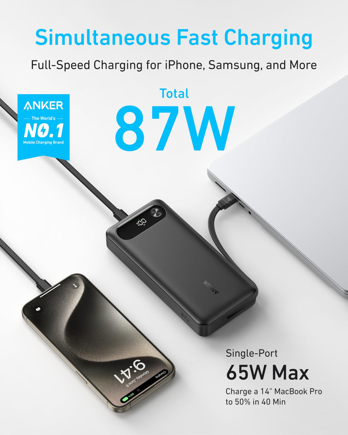 Anker Powerbank (20K, 87W, Integriertes USB-C Kabel) + Anker 2-in-1 USB-C auf USB-C Kabel (120cm, 140W, Flecht-Design)