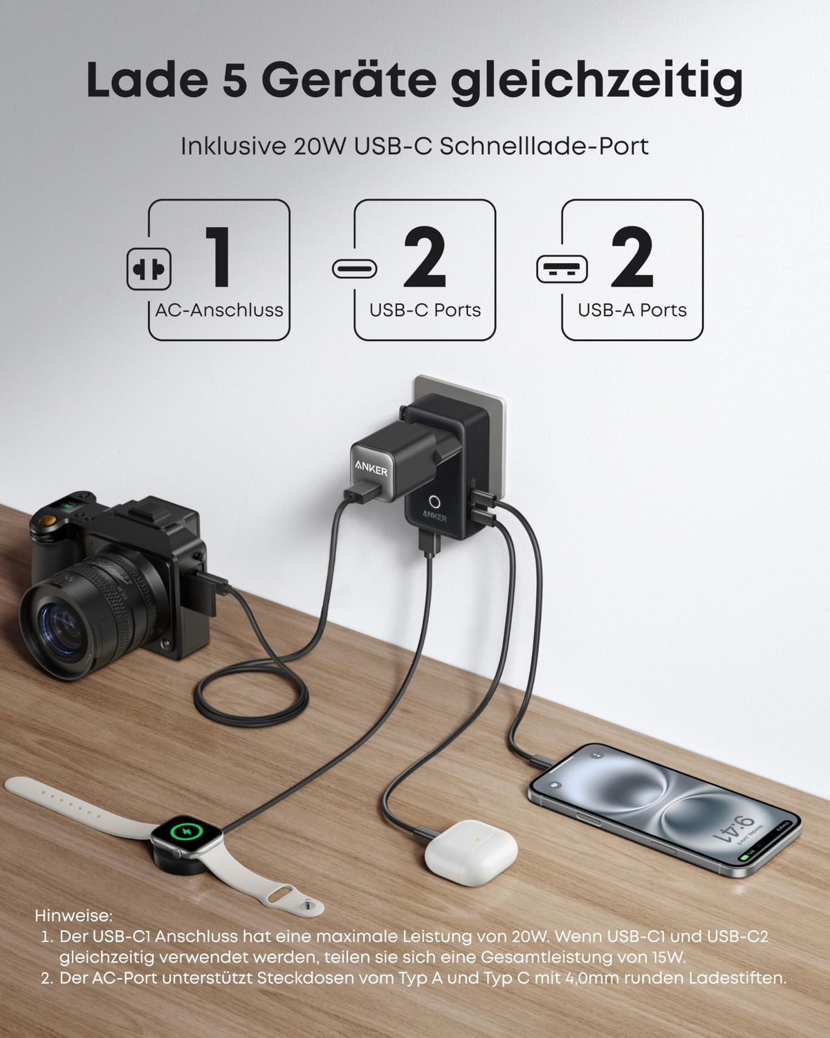 Anker Ladegerät (140W, 4-Port, PD 3.1) mit USB-C Kabel + Anker Nano Reiseadapter (5-in-1, 20W)