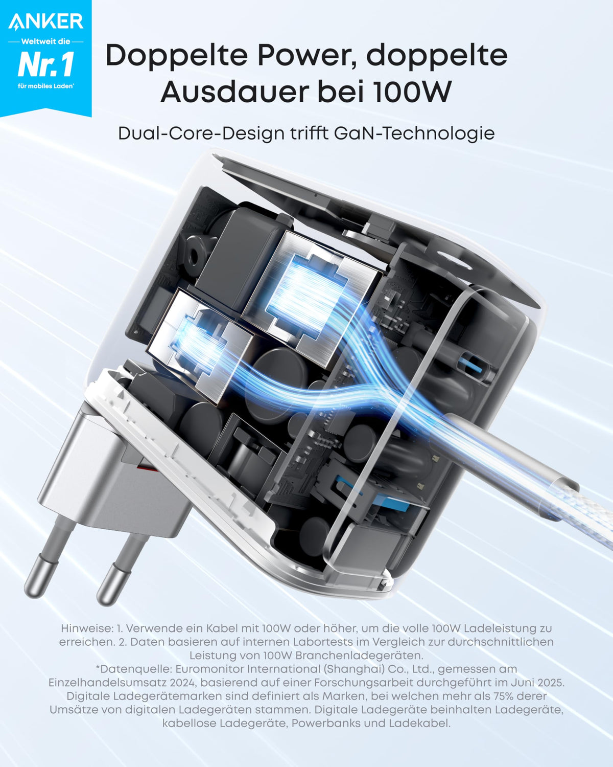 Anker Ladegerät (100W, 3 Ports, Smart Display) mit USB-C Kabel