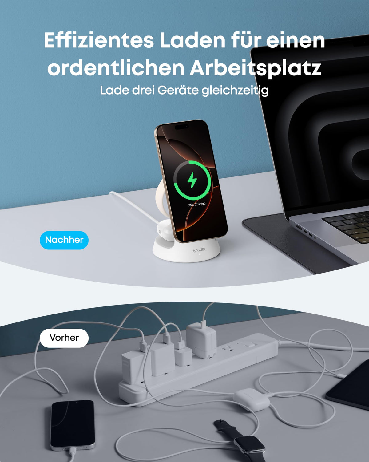 Anker Kabellose Ladestation  (3-in-1, Magnetischer Ständer)