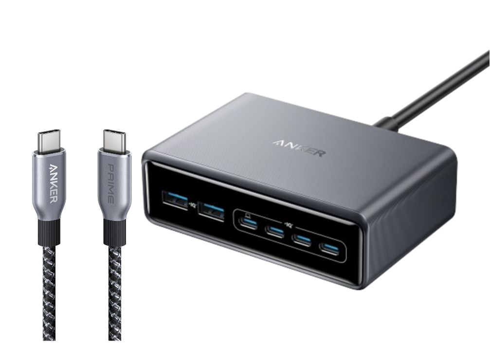 Anker Prime Ladegerät (200W, 6 Ports, GaN) + Anker Prime USB-C auf USB-C Kabel (240W, Upcycled-Flechtdesign)