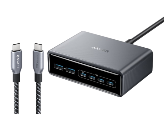 Anker Prime Ladegerät (200W, 6 Ports, GaN) + Anker Prime USB-C auf USB-C Kabel (240W, Upcycled-Flechtdesign)