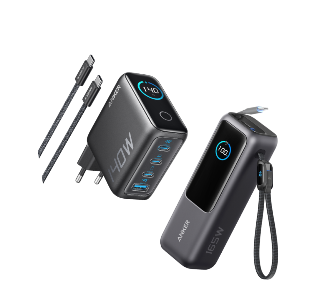 Anker Powerbank (25K, 165W, Integriertes + einziehbares Kabel) + Anker Ladegerät (140W, 4-Port, PD 3.1) mit USB-C Kabel