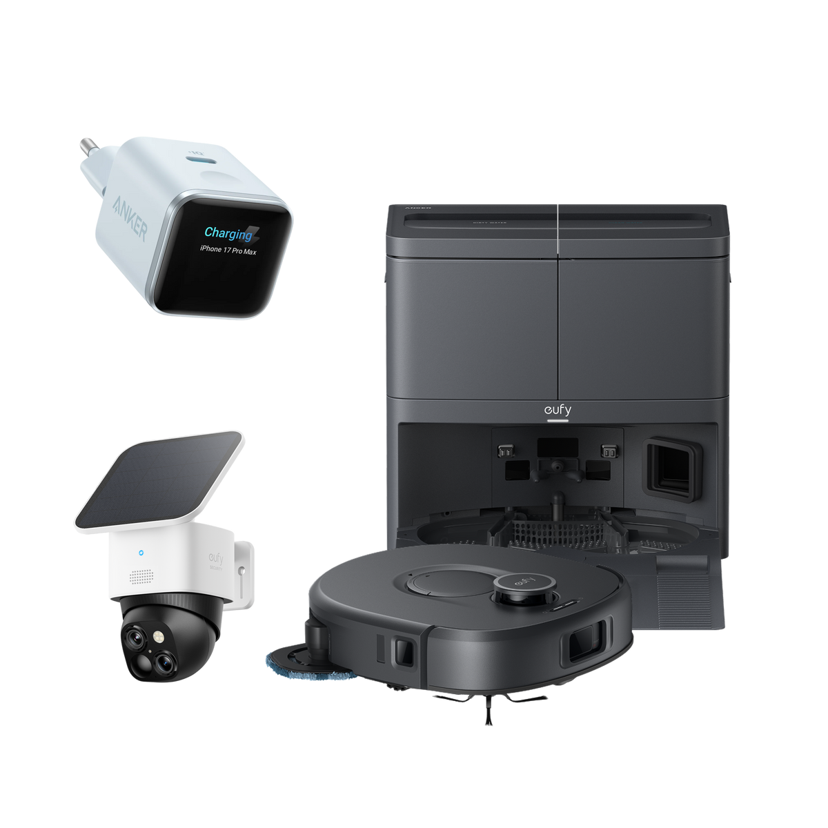 ANKER eufy Saug- und Wischroboter C30 Edge und Anker Nano Ladegerät und eufyCam Solo S340