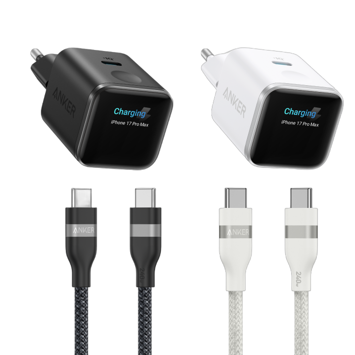 Anker Nano Ladegerät (45W, Smart Display)+Anker USB-C auf USB-C Kabel (90cm/180cm, 240W, Upcycled-Geflochten)