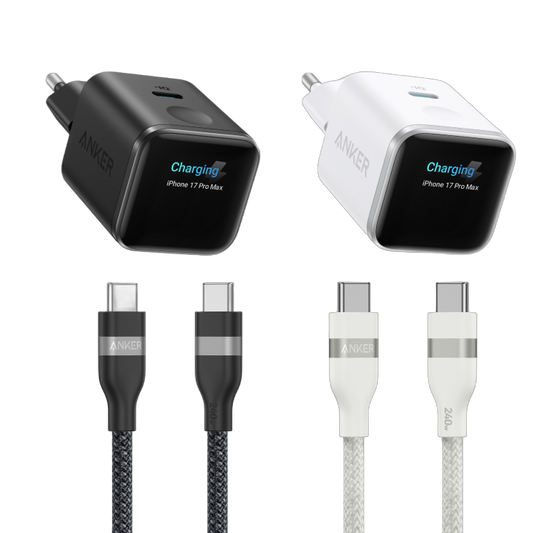 Anker Nano Ladegerät (45W, Smart Display)+Anker USB-C auf USB-C Kabel (90cm/180cm, 240W, Upcycled-Geflochten)