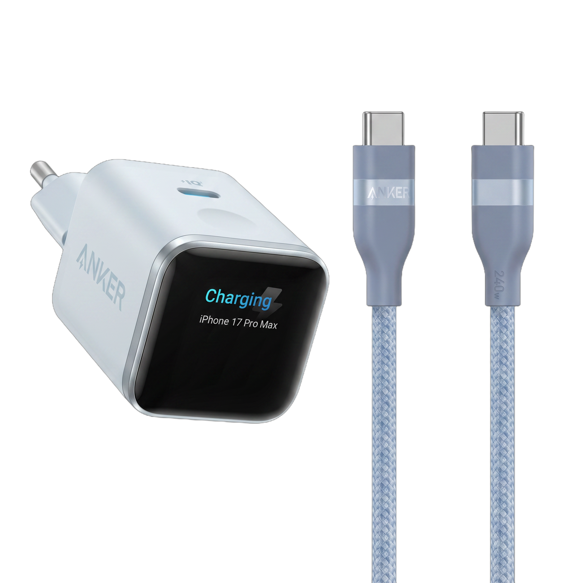 Anker Nano Ladegerät (45W, Smart Display) + Anker USB-C auf USB-C Kabel (90cm/180cm, 240W, Upcycled-Flechtdesign)