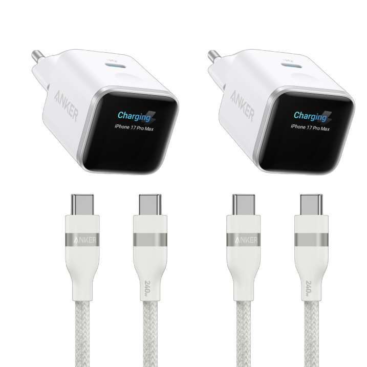 Anker Nano Ladegerät (45W, Smart Display)+Anker USB-C auf USB-C Kabel (90cm/180cm, 240W, Upcycled-Geflochten)