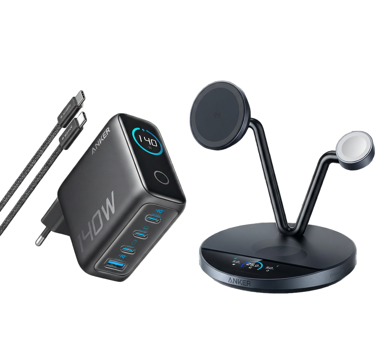 Anker Prime Kabellose Ladestation (3-in-1 Ständer)+Anker Ladegerät (140W, 4-Port, PD 3.1) mit USB-C Kabel