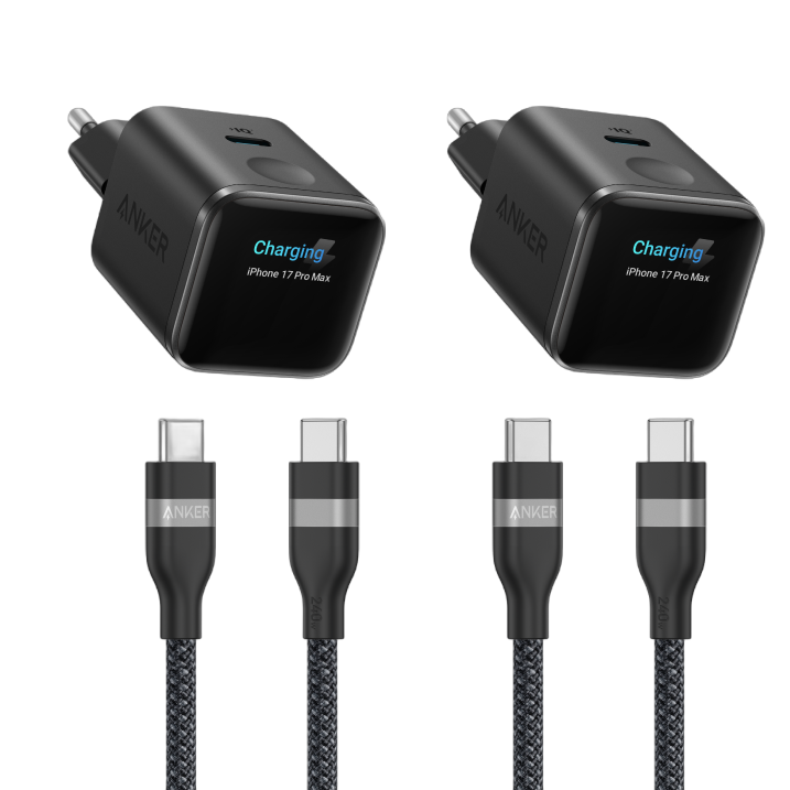 Anker Nano Ladegerät (45W, Smart Display)+Anker USB-C auf USB-C Kabel (90cm/180cm, 240W, Upcycled-Geflochten)