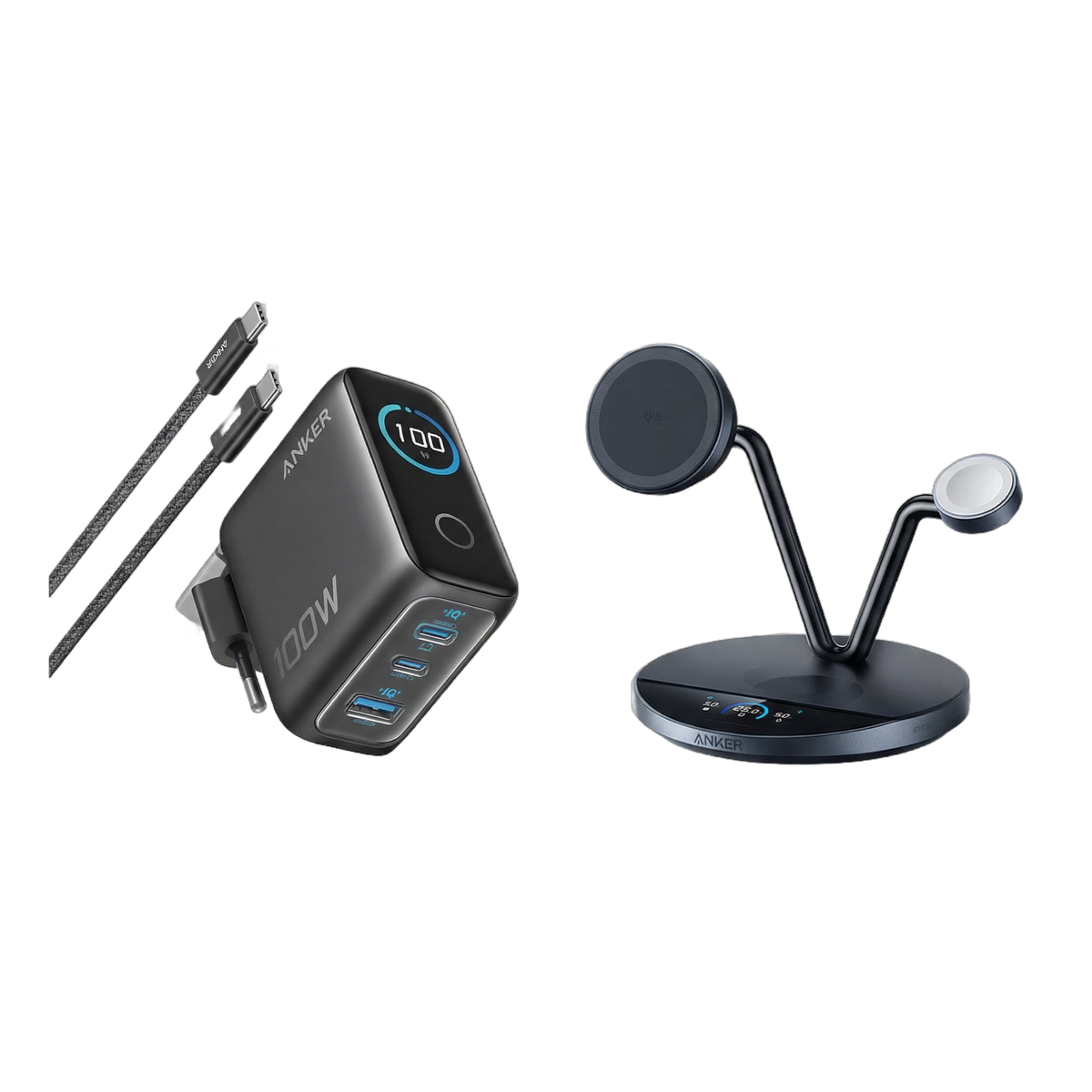 Anker Prime Kabellose Ladestation (3-in-1 Ständer) + Anker Ladegerät (100W, 3 Ports, Smart Display) mit USB-C Kabel