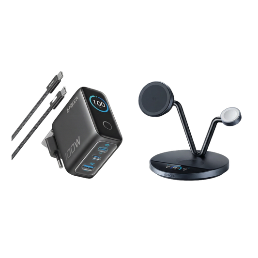 Anker Prime Kabellose Ladestation (3-in-1 Ständer) + Anker Ladegerät (100W, 3 Ports, Smart Display) mit USB-C Kabel