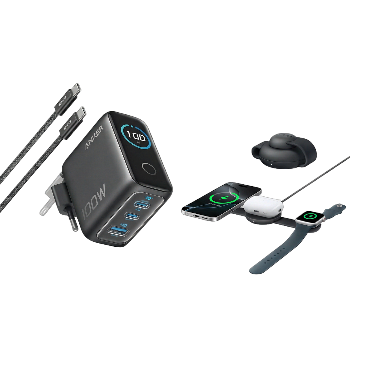 Anker MagGo kabellose Ladestation (3-in-1, Faltbares Ladepad) + Anker Ladegerät (100W, 3 Ports, Smart Display) mit USB-C Kabel