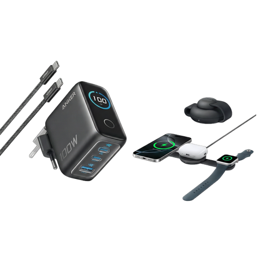 Anker MagGo kabellose Ladestation (3-in-1, Faltbares Ladepad) + Anker Ladegerät (100W, 3 Ports, Smart Display) mit USB-C Kabel